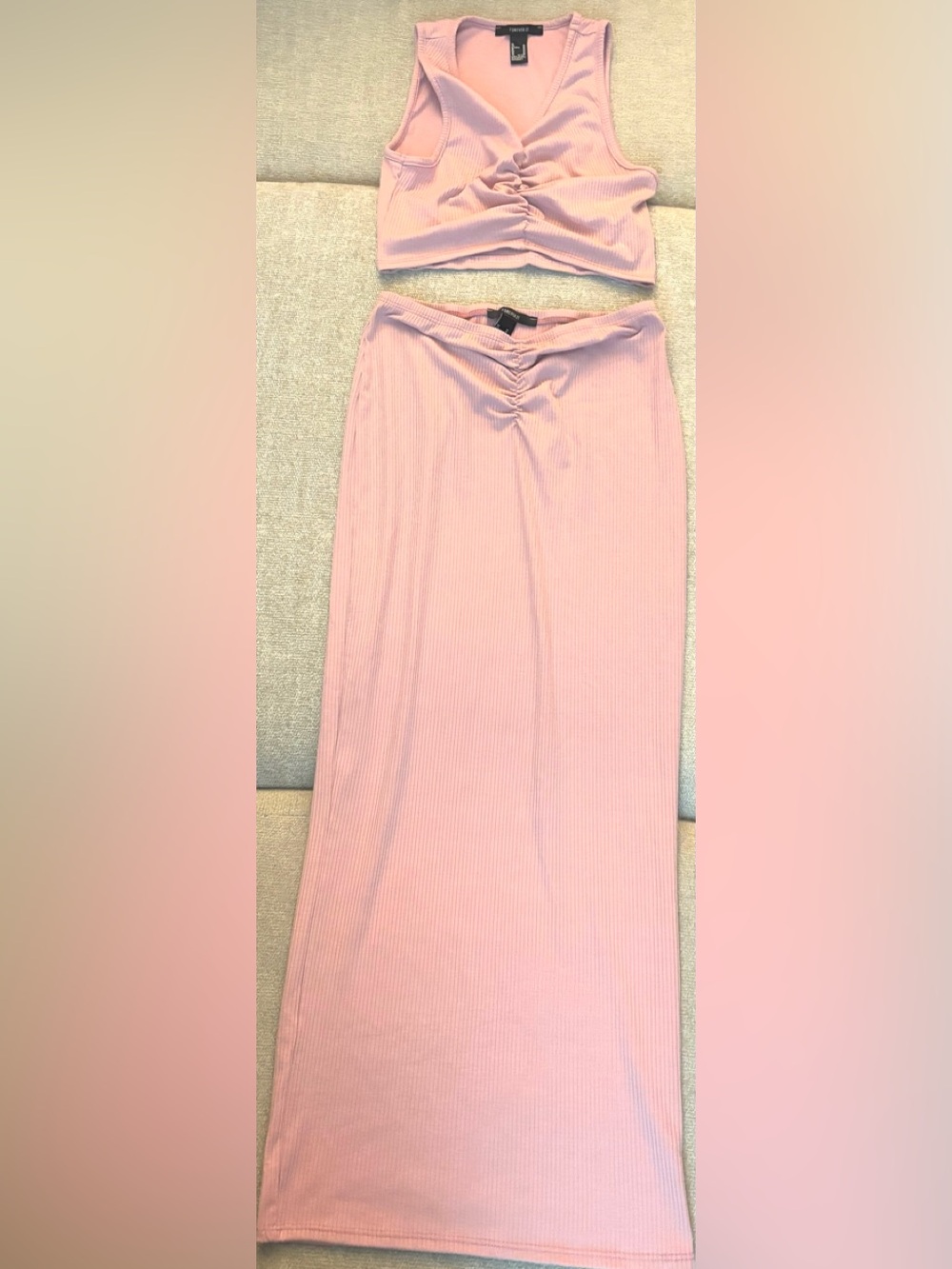 Forever 21 Pink Ribbed Ruched Maxi Skirt with Matching Crop Top, Size Medium